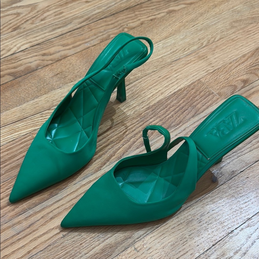 Zara Green Pointed Slingback Heels